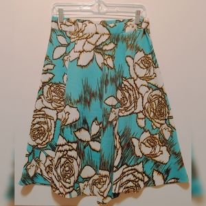 Teal White Floral Knee-Length A-Line Skirt
